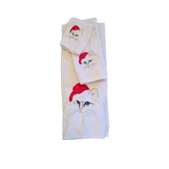 White Cotton Christmas Cat Embroidered Towel Set With Santa Hat Design - Picture 1 of 10